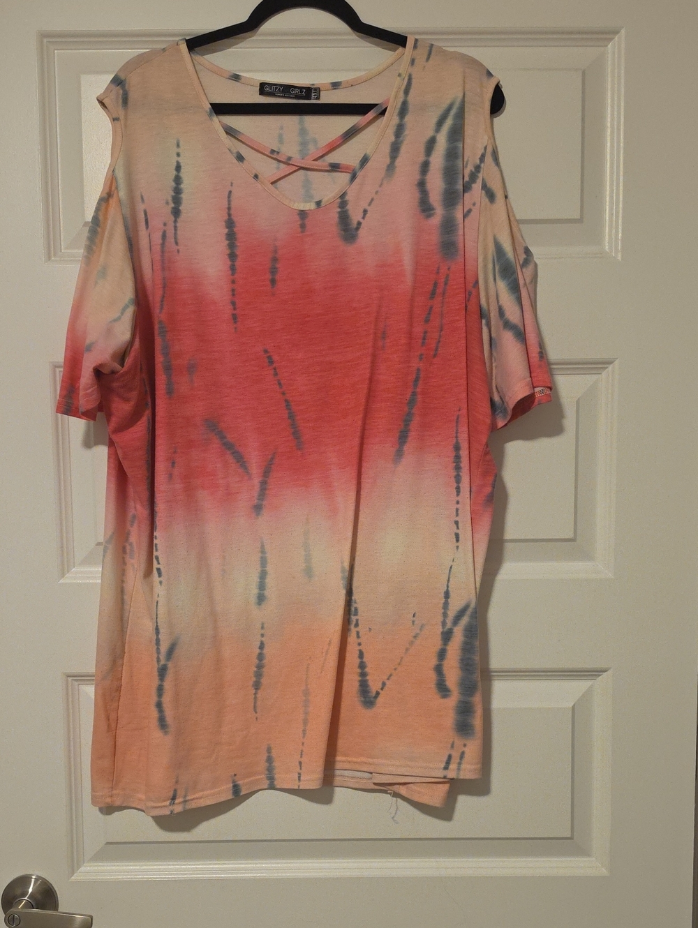 Glitzy Girlz Pink Peach Tie-Dye Cold-Shoulder Top with Blue Accents